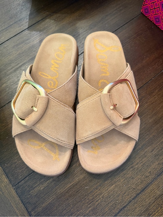 Sam Edelman Shoes - NIB Sam Edelman Darla Tan Suede Slide Sandals with Gold Buckle SZ 8.5